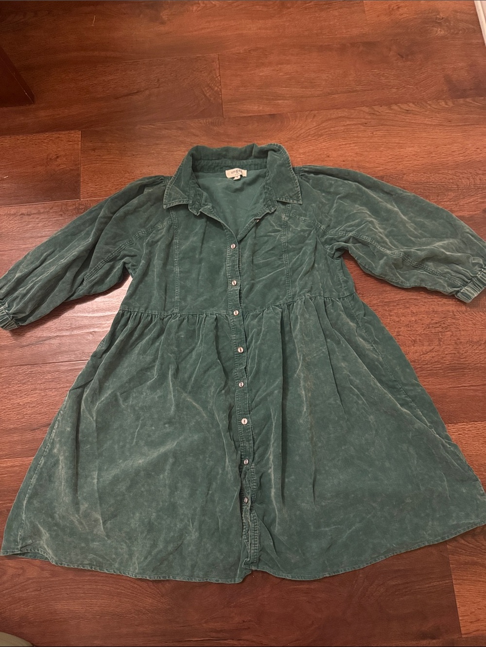 Green Button-Front Corduroy Dress